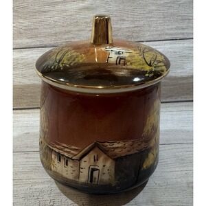 VTG Handpainted Brown 5 1/2" Biscuit Jar with Lid Portugal Farm Cottage Trees